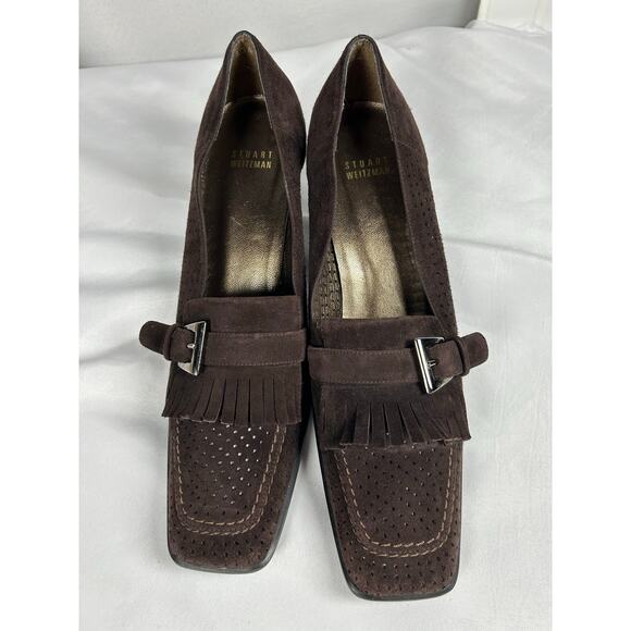 Stuart Weitzman Suede Pumps Square Toe Fringe Brown Buckle Heels Size 9.5 Narrow - Picture 1 of 8